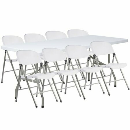 LANCASTER TABLE & SEATING LT 30'' x 72'' Granite White Heavy-Duty Blow Molded Plastic Folding Table W/ 8 White Folding Chairs 384Y72308KIT